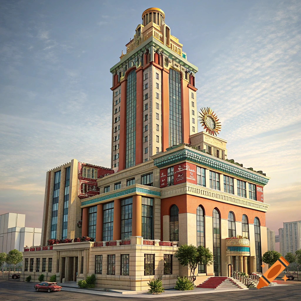 A towering postmodern building with intricate details, featuring a golden dome, a large sun-like emblem, and a mix of beige, red, and blue-green facades under a partly cloudy sky.