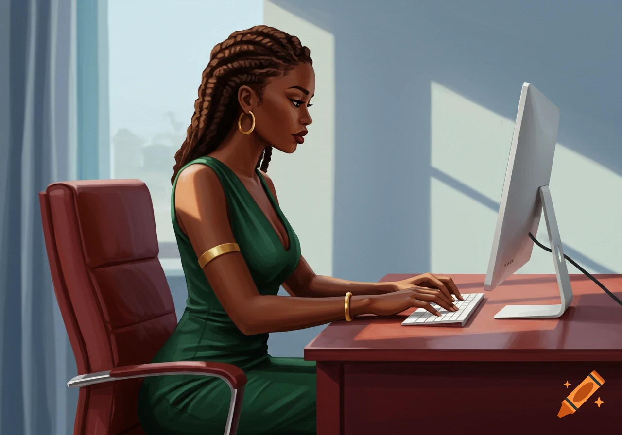 An African American woman with braids and a green dress sits at a desk, typing on a computer in a sunlit office.