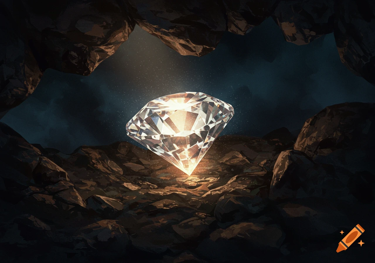 A sparkling, brilliant-cut diamond illuminates a dark, rocky cave with a warm glow from below, surrounded by jagged rock formations.
