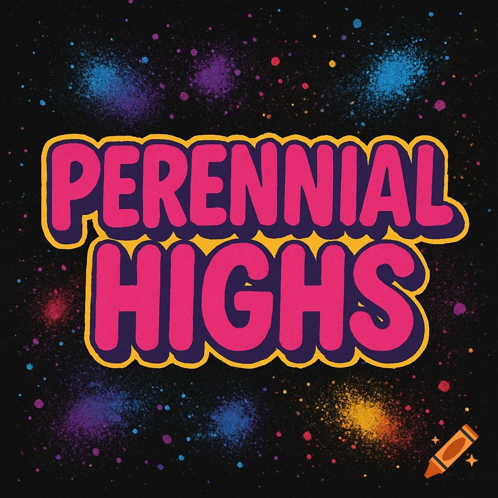 Pink bubble letters spell 'PERENNIAL HIGHS' against a black background with colorful spray paint splatters.