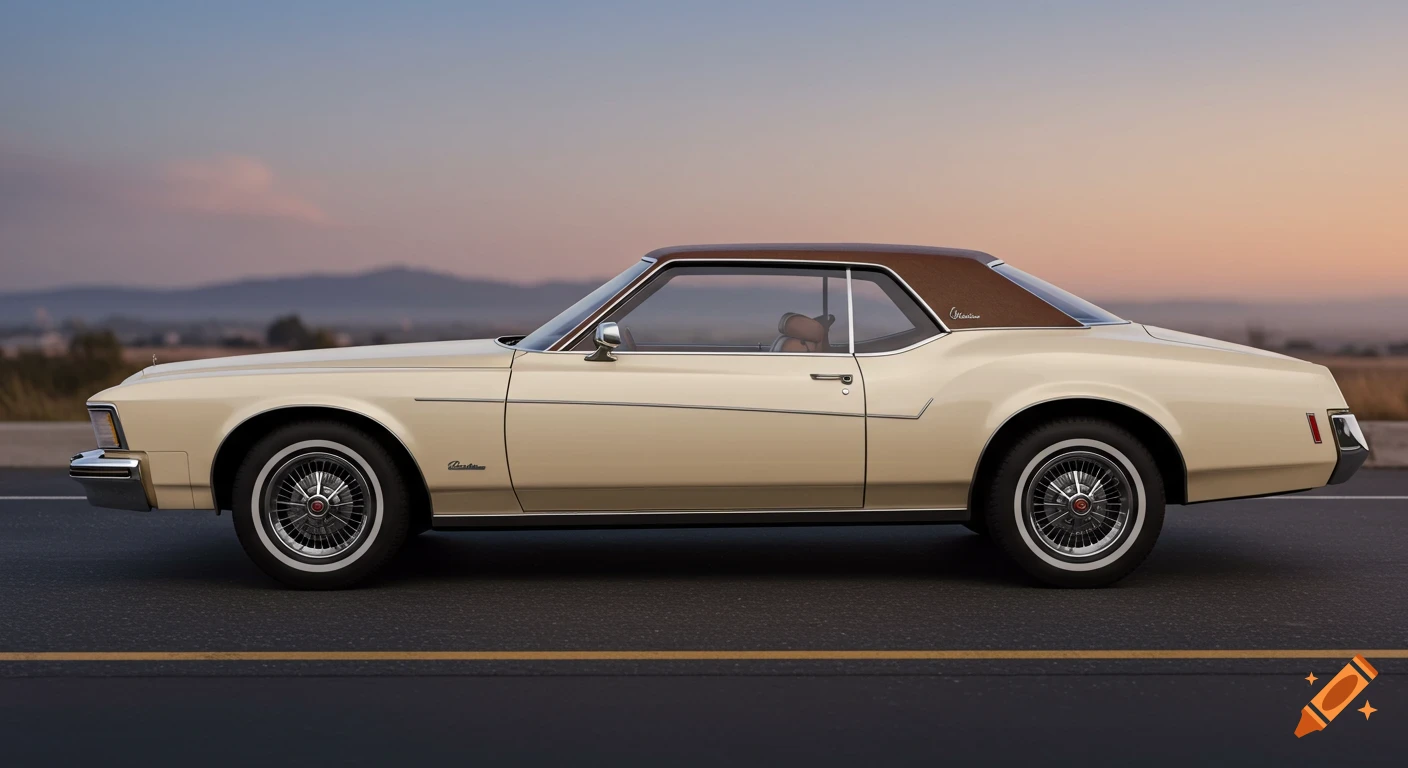 A beige 1970s Buick Riviera with a brown vinyl top and whitewall tires on a road at sunset.