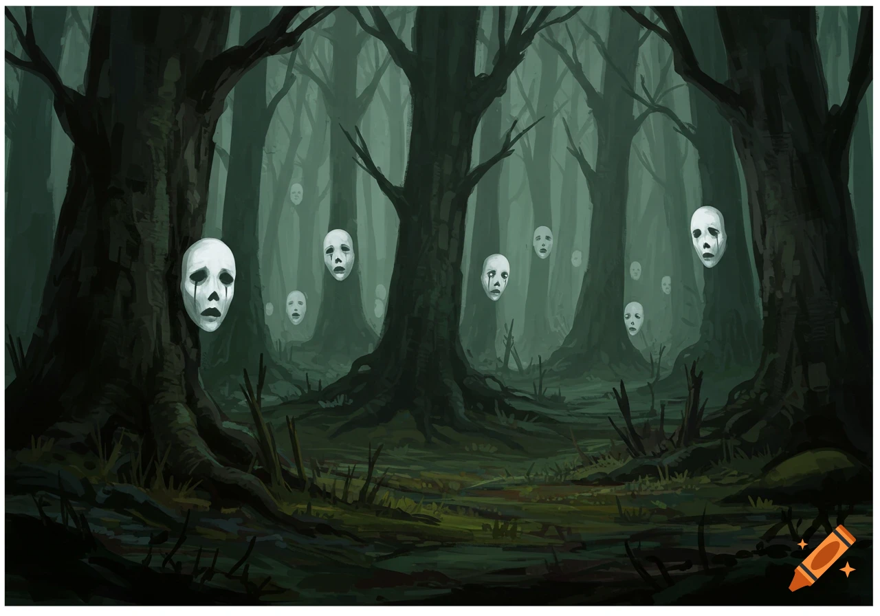 Stylized illustration of a dark, misty forest with numerous eerie white masks floating among gnarled trees.