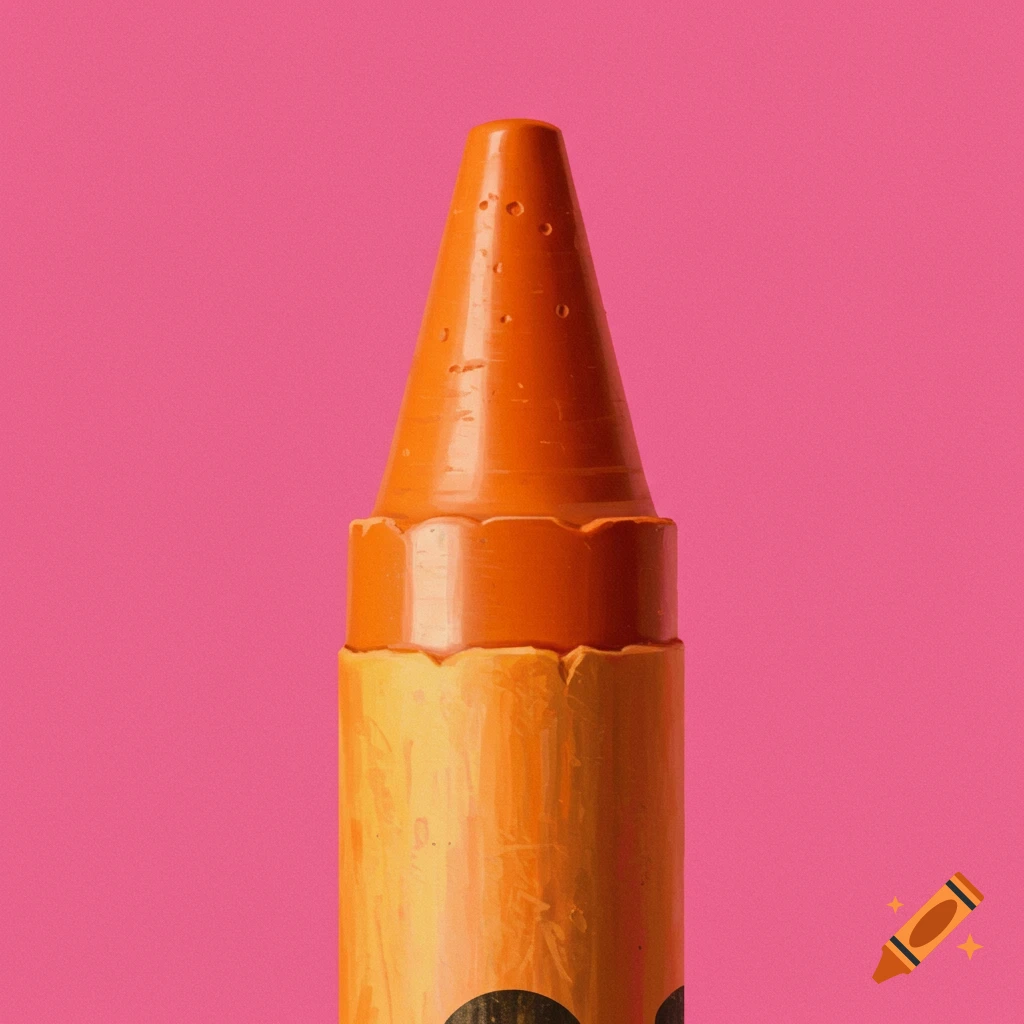 Close-up of an orange crayon with a pointed tip and slightly worn wrapper, set against a solid pink background.