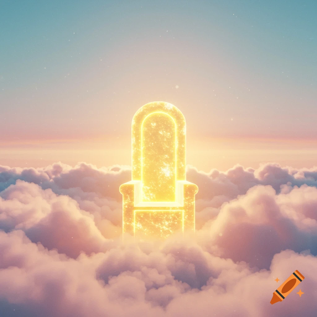 A glowing, ethereal golden throne sits atop a bed of soft clouds under a pastel sky.