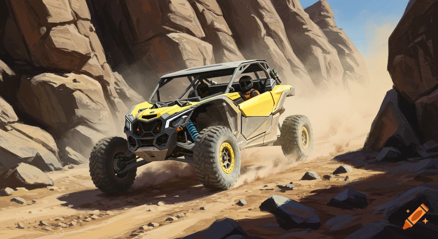 A yellow Can-Am X3 Maverick off-road vehicle drives through a dusty, rocky desert canyon in an illustrative style.
