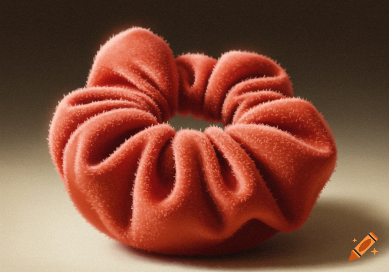 A hyperrealistic close-up of a reddish-orange scrunchie with a fuzzy, textured surface, resembling a tomato.