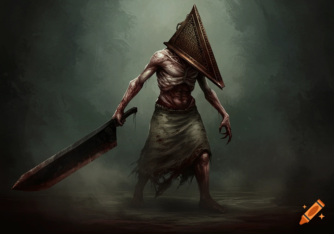 A terrifying monster with a pyramid-shaped metal helmet, exposed bloody flesh, and a large cleaver, standing in a dark, atmospheric setting.