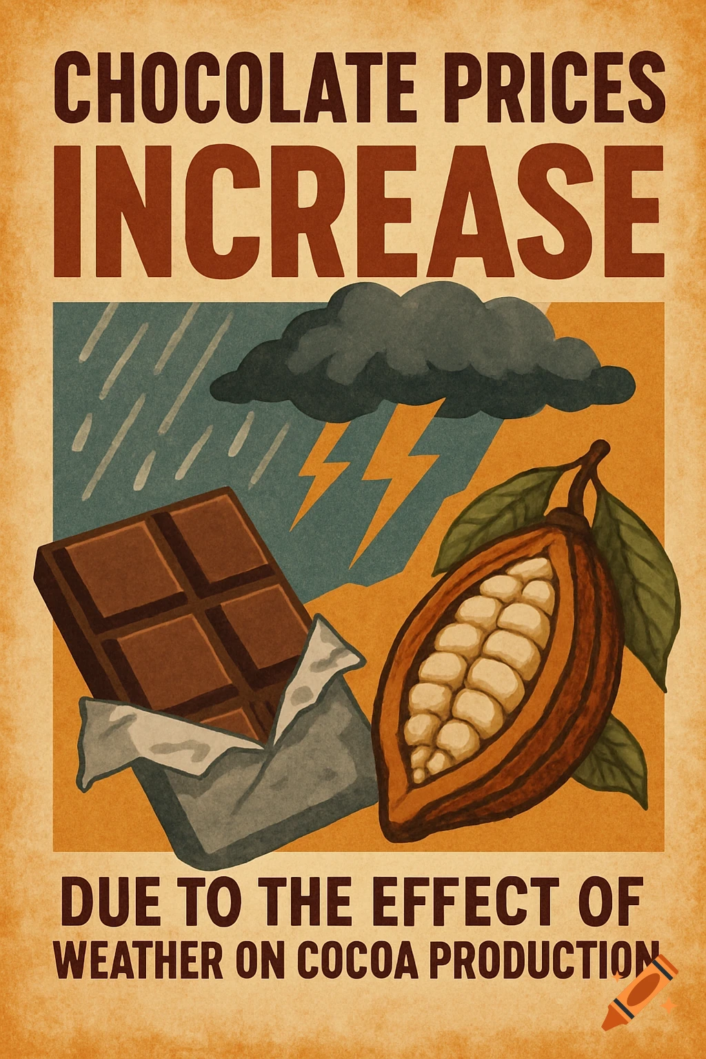 Vintage poster about chocolate price increase due to weather, showing a chocolate bar, cocoa pod, stormy cloud, rain, and lightning.