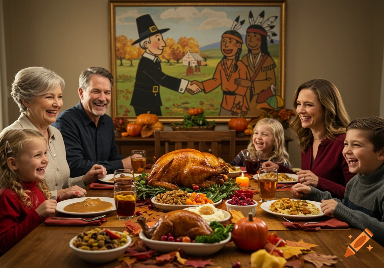 A cheerful multi-generational family enjoys a Thanksgiving dinner around a large table, with a painting of pilgrims and Native Americans shaking hands on the wall.