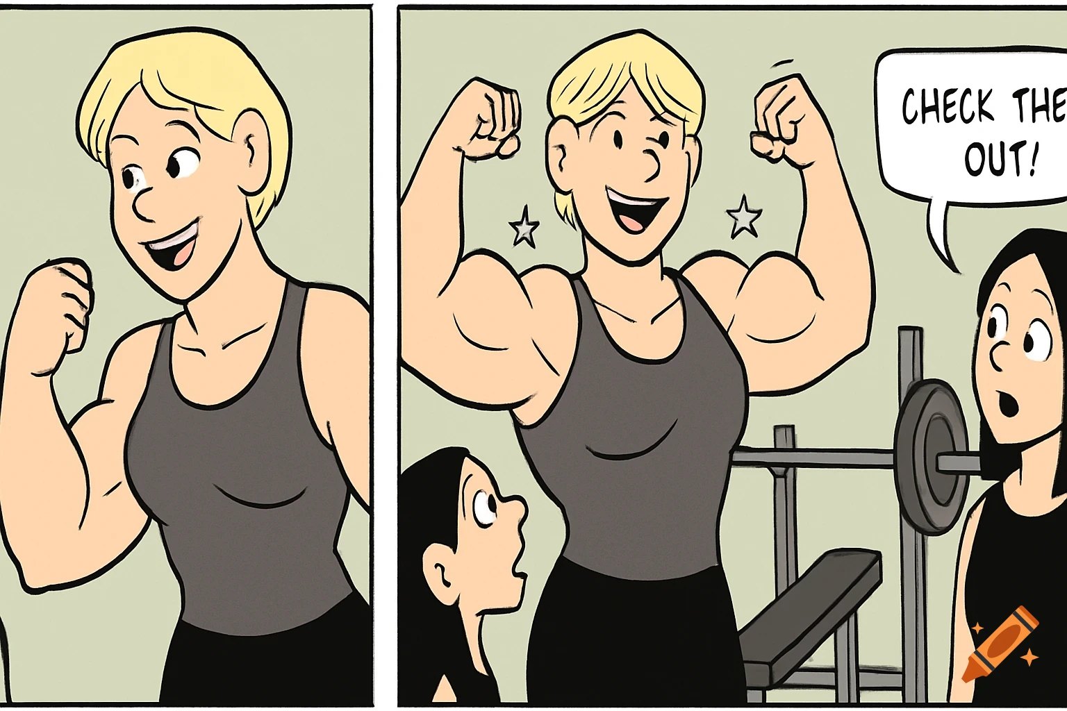 A cartoon comic strip shows a blonde woman flexing her large biceps at the gym while another woman looks on in awe.