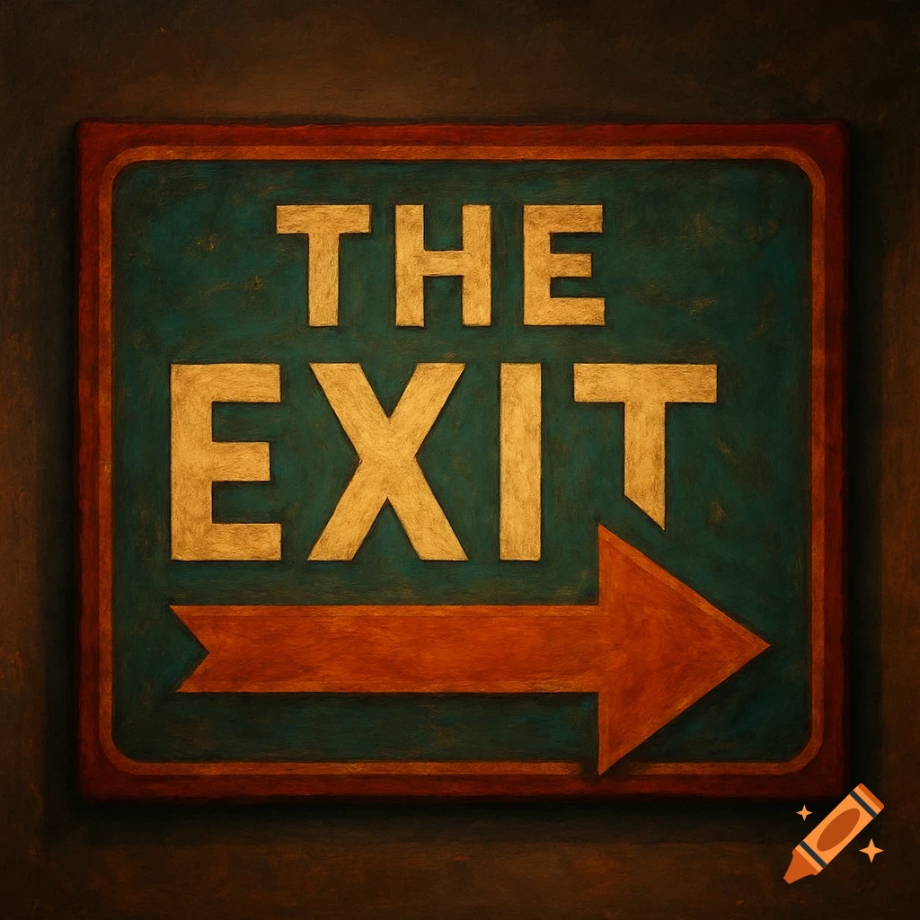 A rectangular, textured teal sign with the words 'THE EXIT' in gold and a red arrow pointing right, on a dark background.