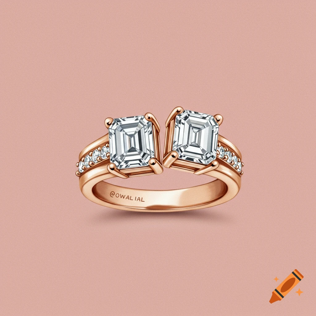 A rose gold ring featuring two large landscape-set emerald cut white diamonds and smaller diamonds along the band, set against a pink background.