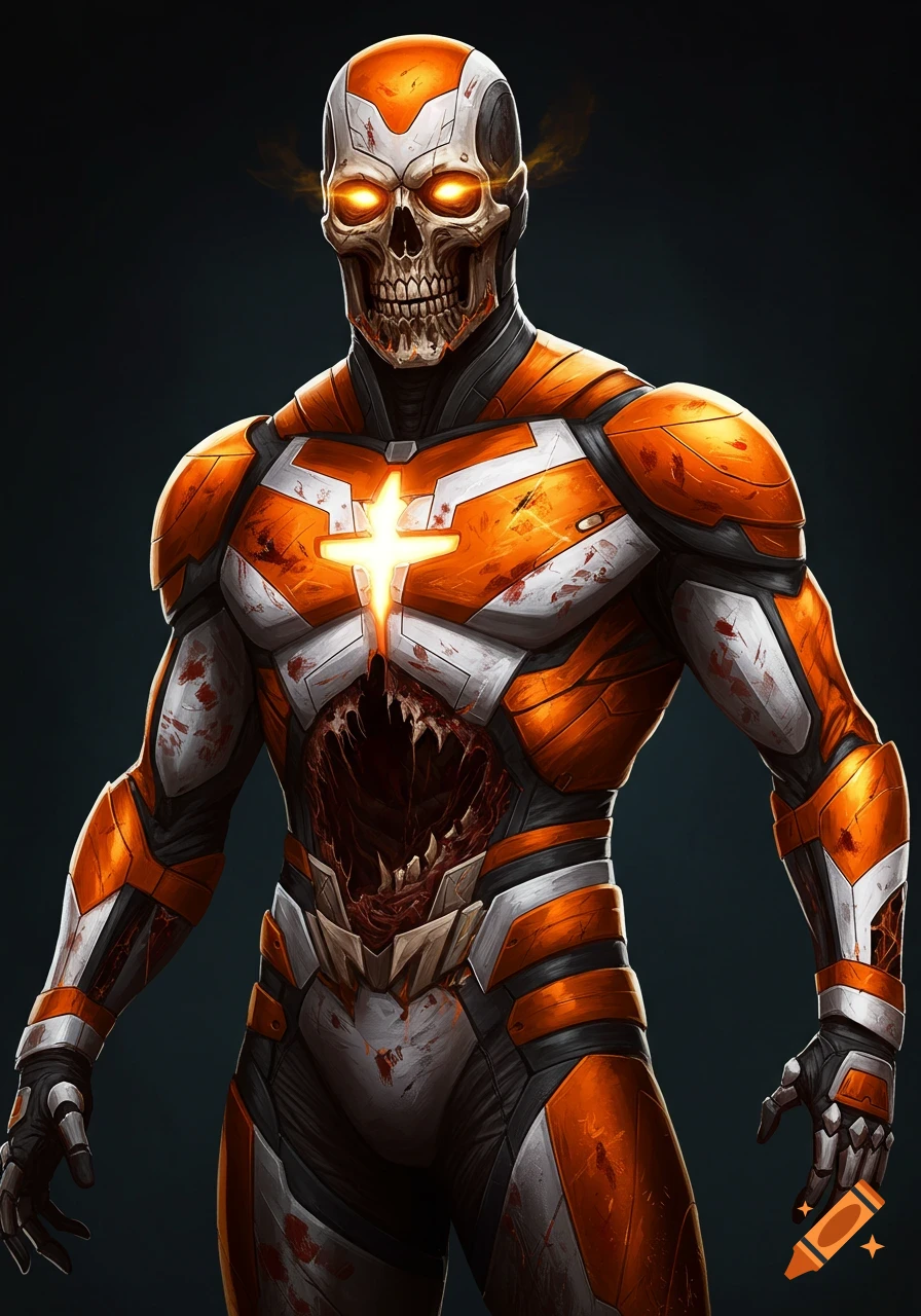 An undead superhero in orange and white tattered armor with glowing eyes and an exposed skeletal chest cavity.