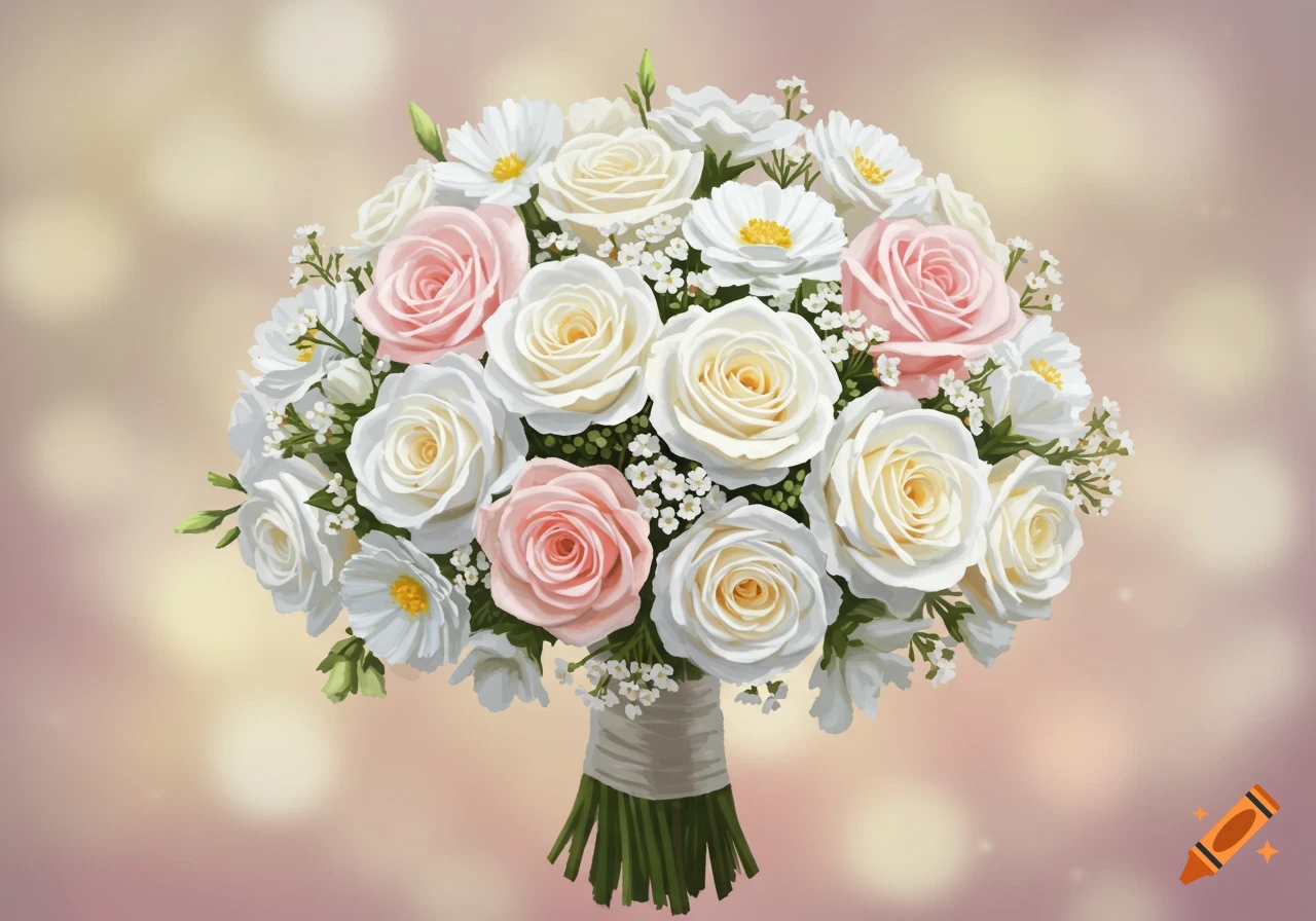 A digitally rendered bouquet of white and pink roses with white filler flowers and green foliage, set against a soft, blurred background.