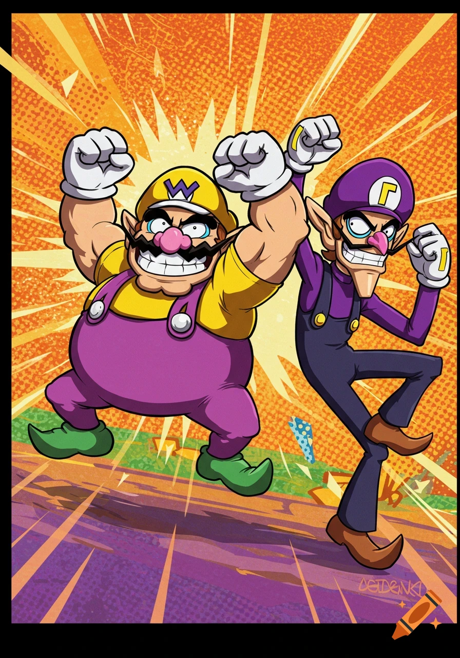 Wario and Waluigi in a dynamic cartoon illustration, both characters are muscular and striking a pose with clenched fists and aggressive expressions.