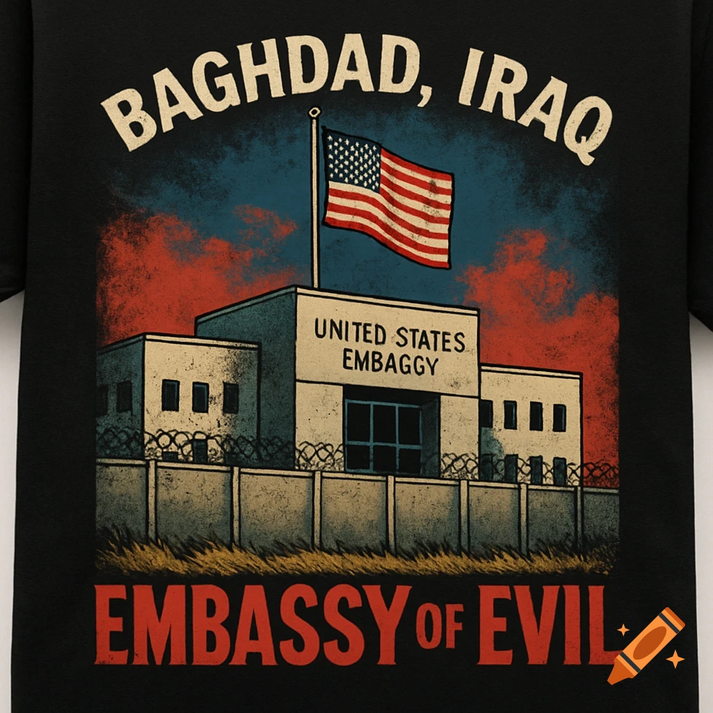 A stylized graphic on a black t-shirt depicting a United States embassy building with an American flag. Text reads "Baghdad, Iraq" at the top, "United States Embaggy" on the building, and "Embassy of Evil" at the bottom. The sky is red and blue with a distressed texture.