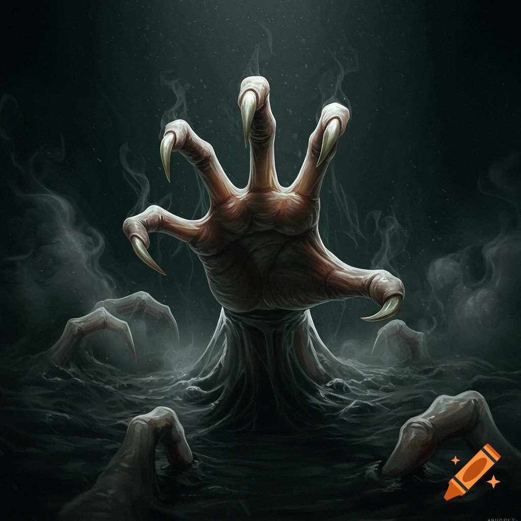 An alien-like, clawed hand with five elongated fingers emerges from dark, murky goo, surrounded by other emerging hands in a smoky, eerie atmosphere.