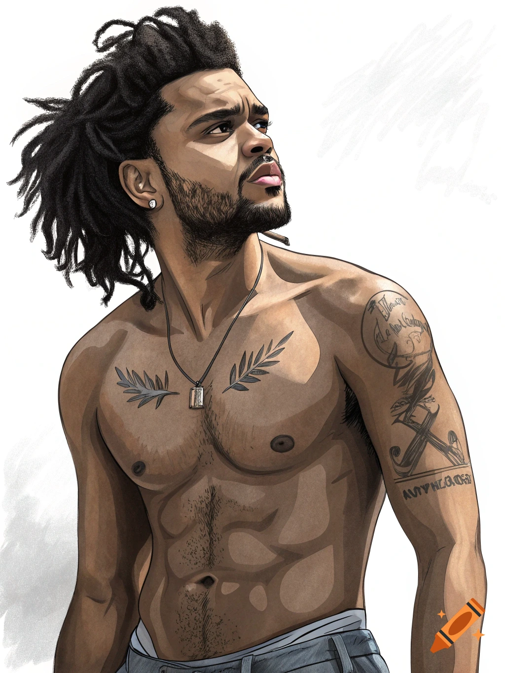An illustrated portrait of a man with dreadlocks and a beard, shirtless with tattoos on his chest and arm, looking upwards.