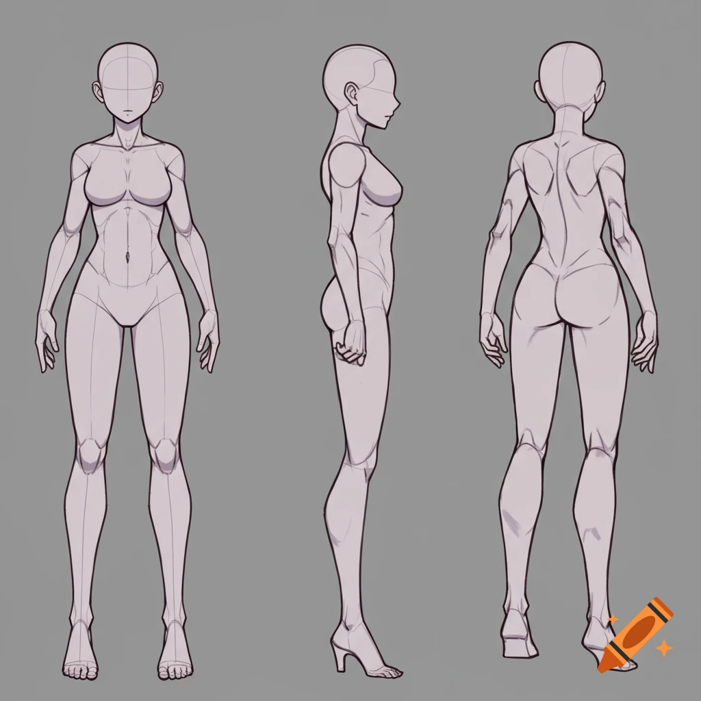 A 2D anime model sheet showing front, profile, and back views of a female figure reference with consistent proportions.