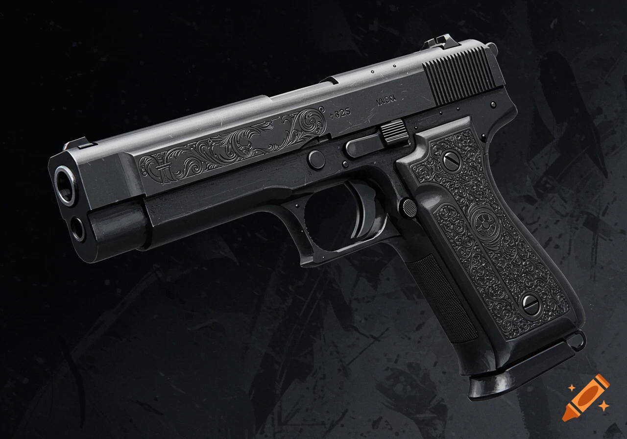 A close-up, photorealistic image of a detailed black pistol with ornate engravings on a dark background.