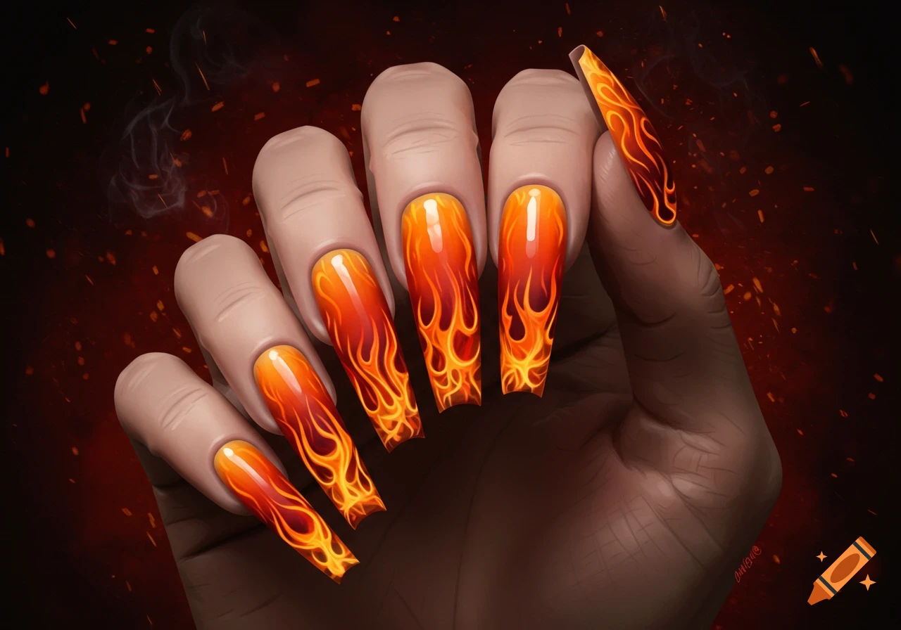 A hand with long, coffin-shaped nails featuring a vibrant orange and red flame design against a dark, smoky background.
