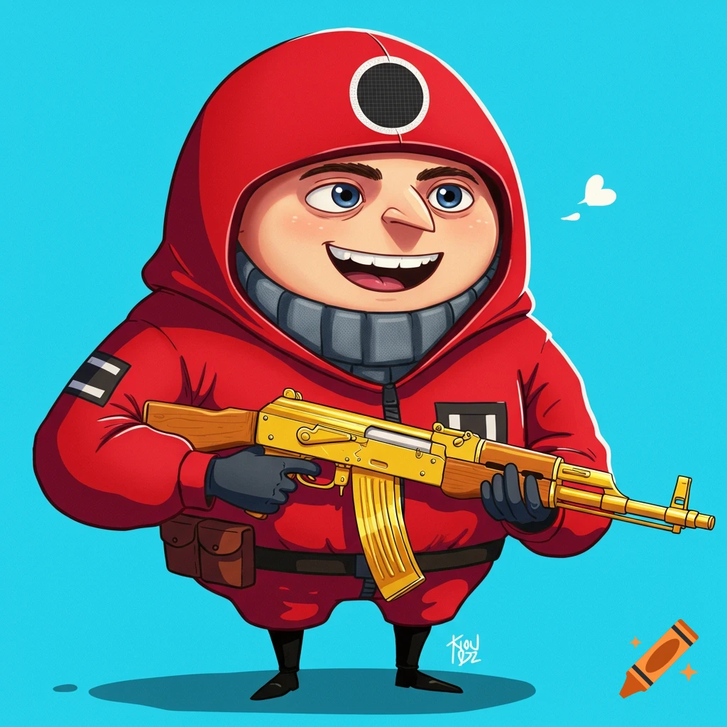 Cartoon illustration of Gru from Despicable Me dressed as a Squid Game guard holding a golden AK-47.