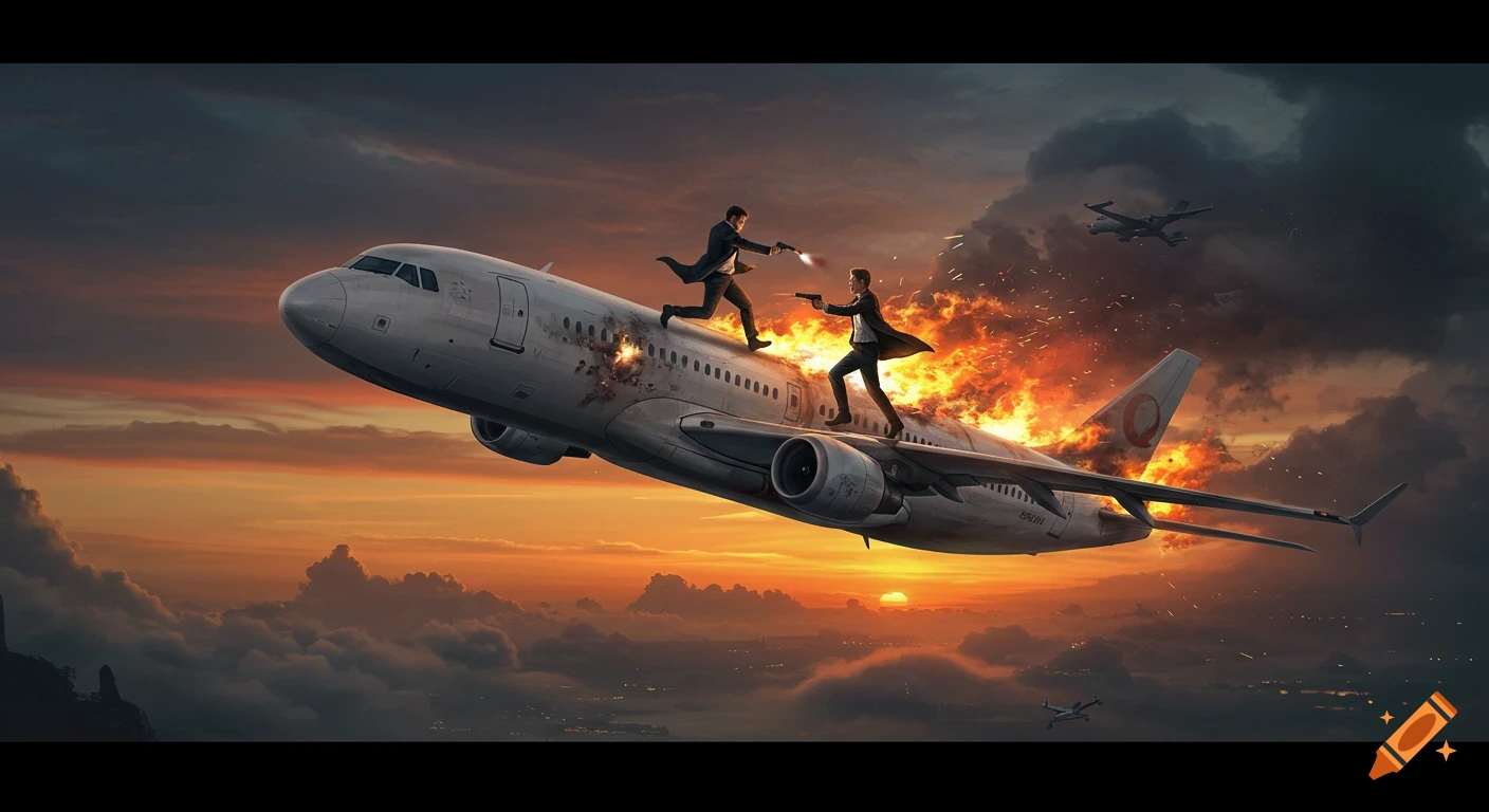 Two secret agents battle atop a burning passenger plane flying through a dramatic dusk sky.