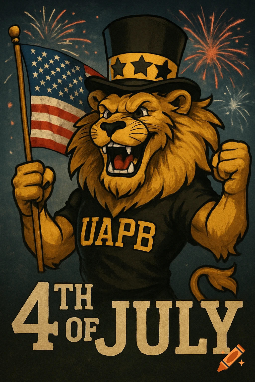 A cartoon golden lion mascot in a top hat and UAPB shirt, holding an American flag with fireworks, text '4TH OF JULY'.