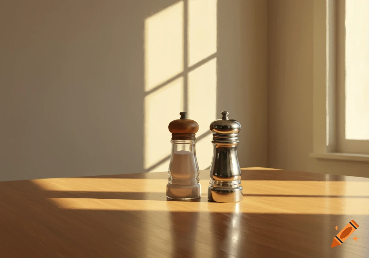 Two photorealistic salt and pepper shakers on a wooden table, illuminated by sunlight streaming through a window.