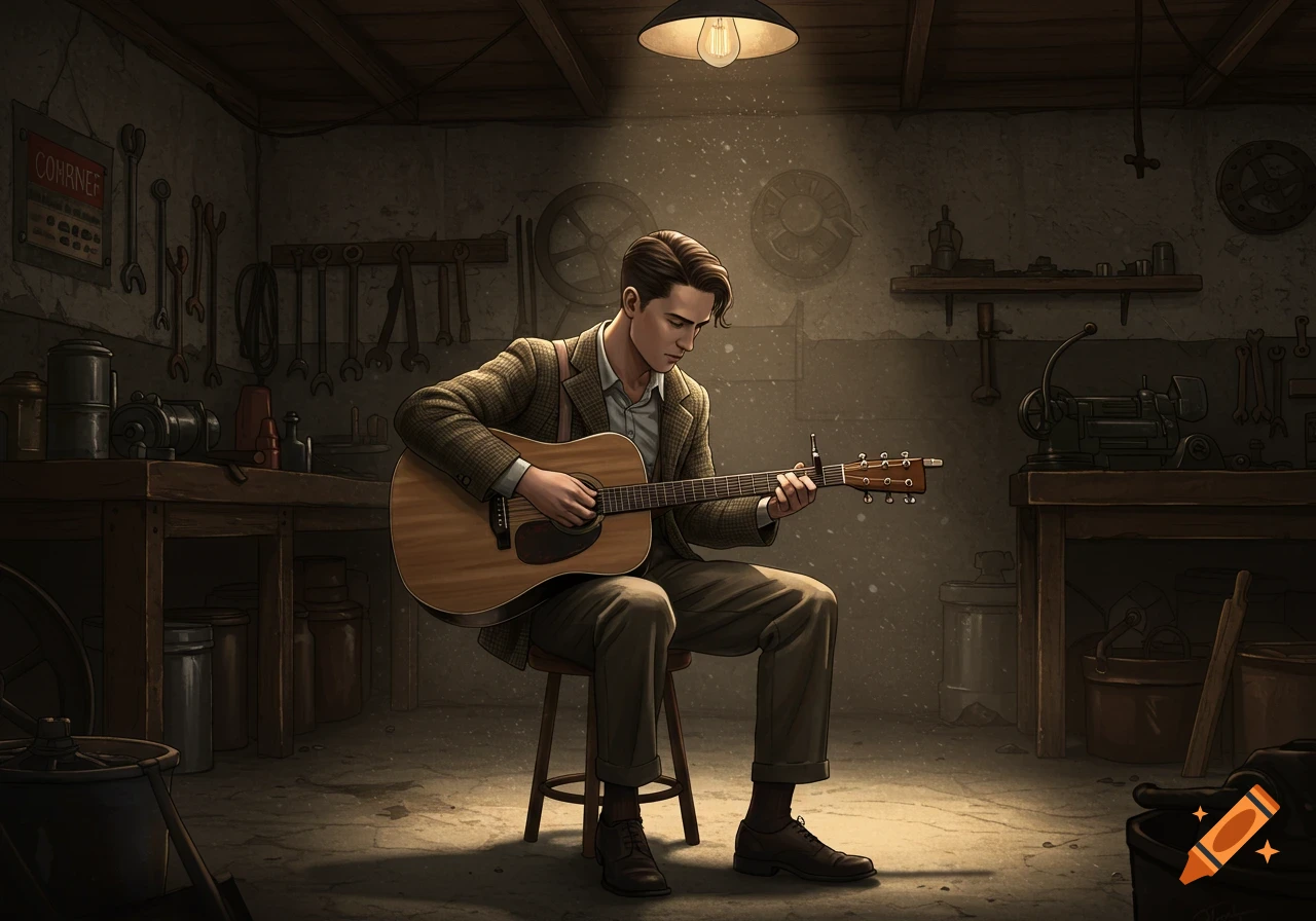 A man in vintage clothing plays an acoustic guitar in a dimly lit 1920s-style garage.