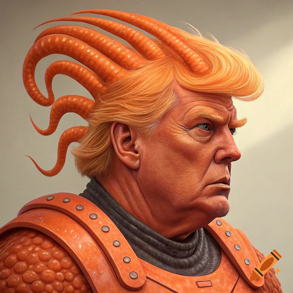 Photorealistic portrait of Donald Trump with orange hair transforming into octopus-like tentacles and wearing orange armor.