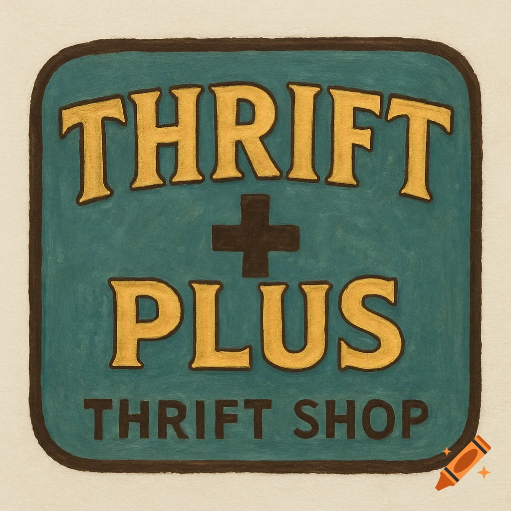 A painted logo for Thrift Plus Thrift Shop, featuring gold text on a teal background with a brown border.