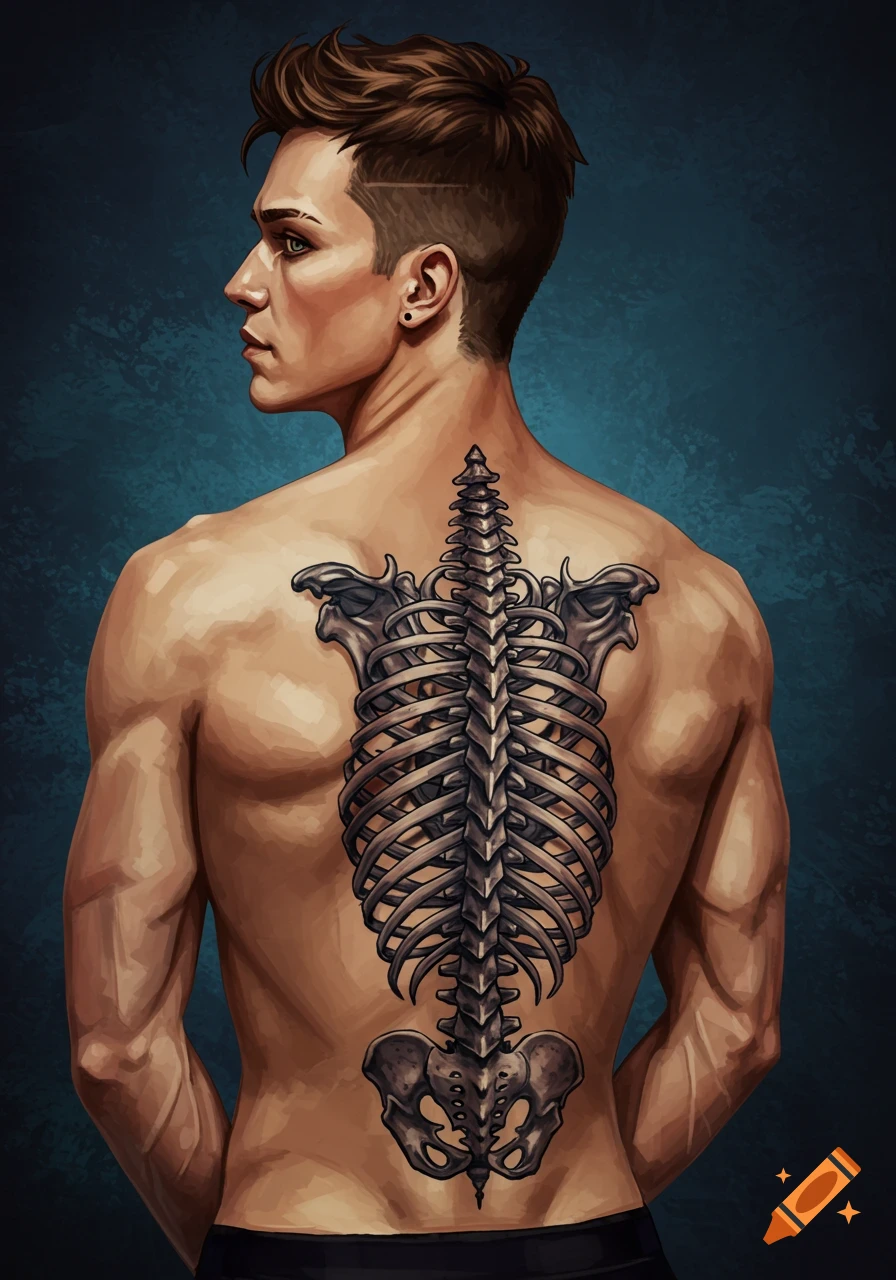 Illustrated depiction of a man's bare back with a large tattoo of a skeleton's spine and ribcage.