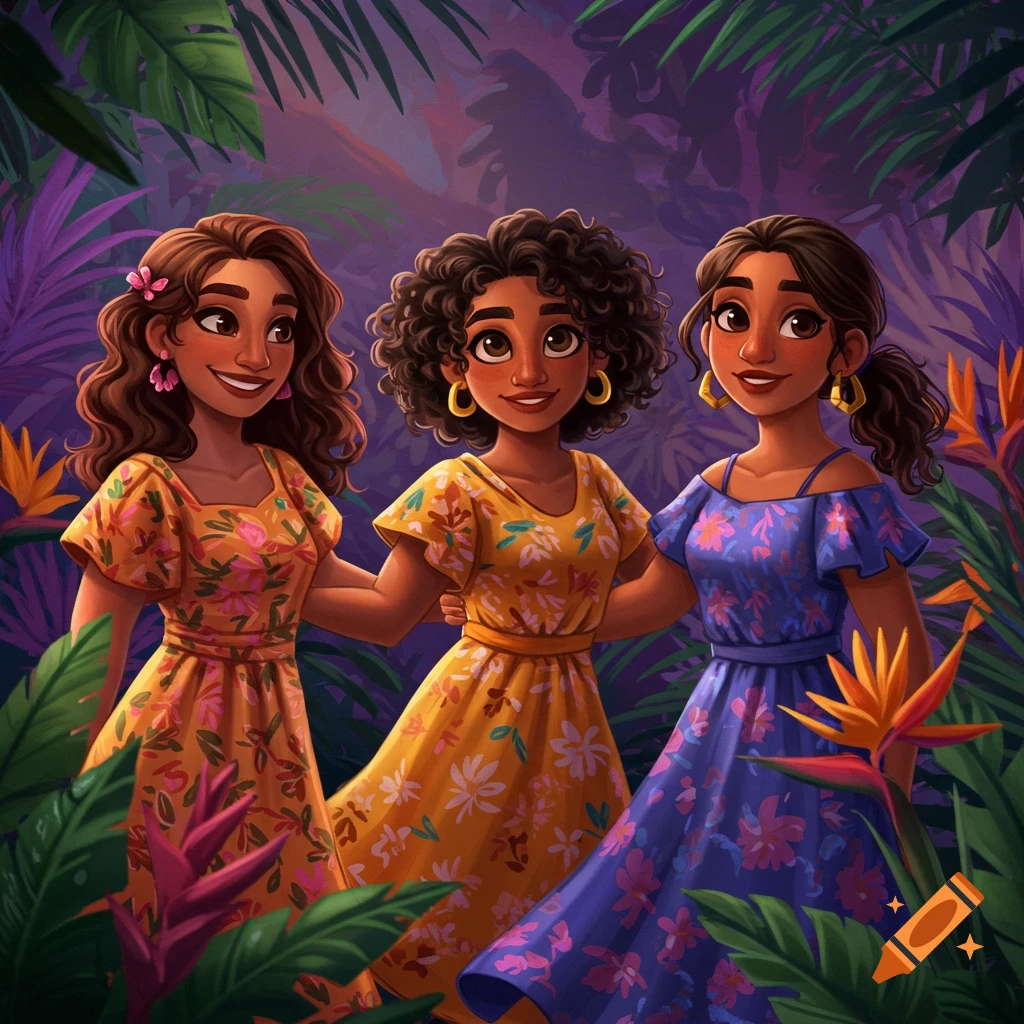 Three smiling Latina women in colorful floral dresses stand together in a vibrant tropical jungle, in an illustrative style.