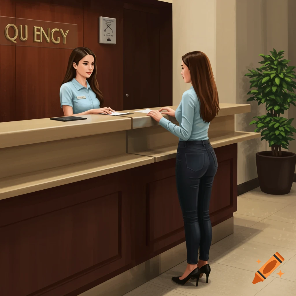 Two women at a hotel front desk in a digital art style.