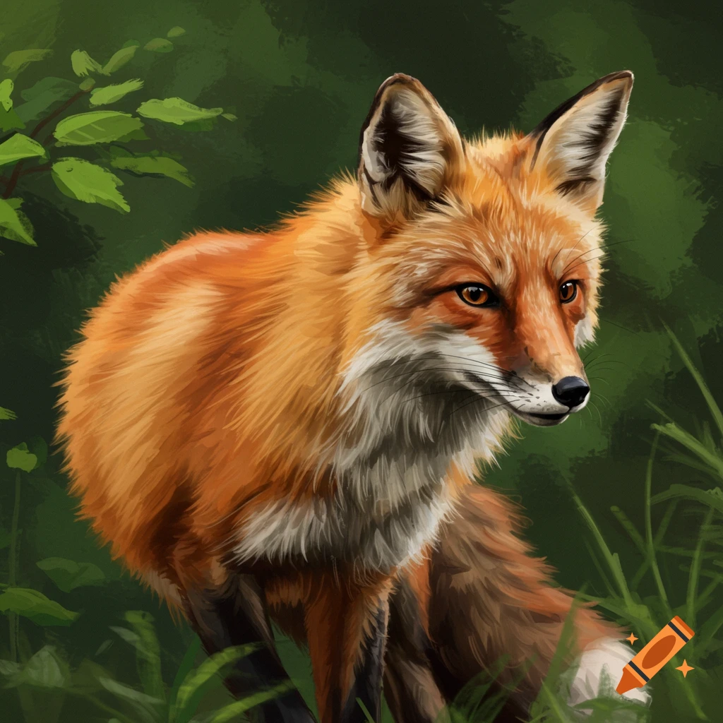 A vibrant orange fox in a forest, looking to the right. Digital painting.