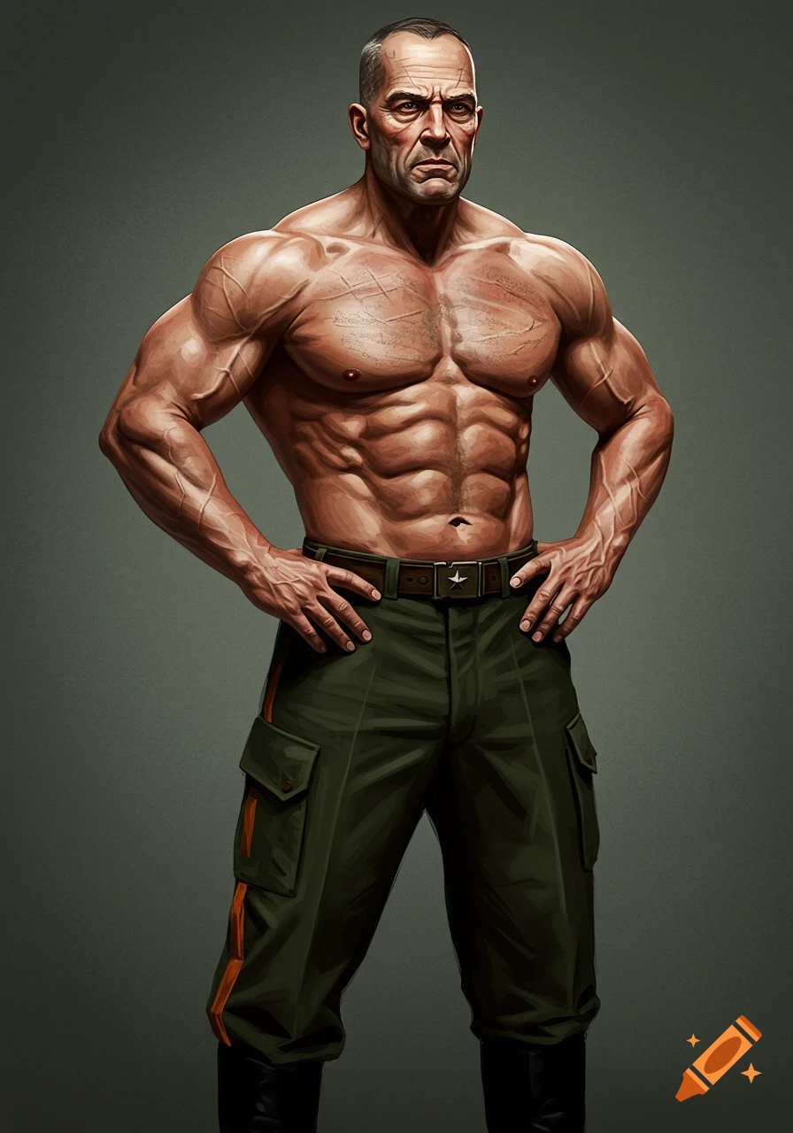 A photorealistic digital painting of a very muscular, bald man in army uniform pants, standing with hands on hips against a gray background.