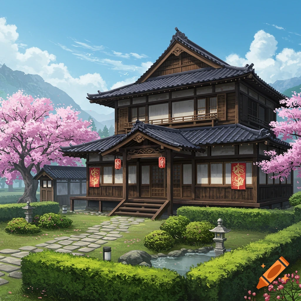 A beautiful traditional Japanese house with cherry blossom trees and a landscaped garden with a stone path and pond, in an illustration style.