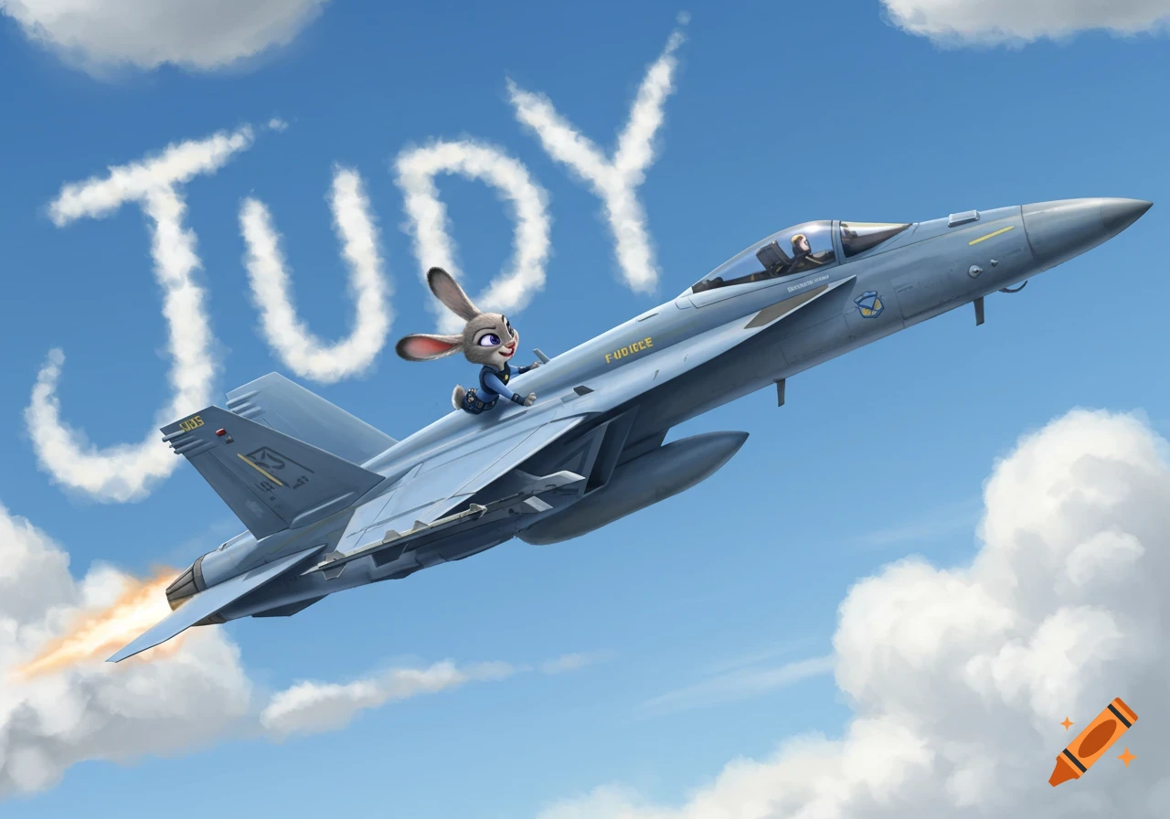 Judy Hopps from Zootopia riding on top of a gray F-18 fighter jet flying through a blue sky with clouds spelling out "JUDY" and an orange exhaust flame.