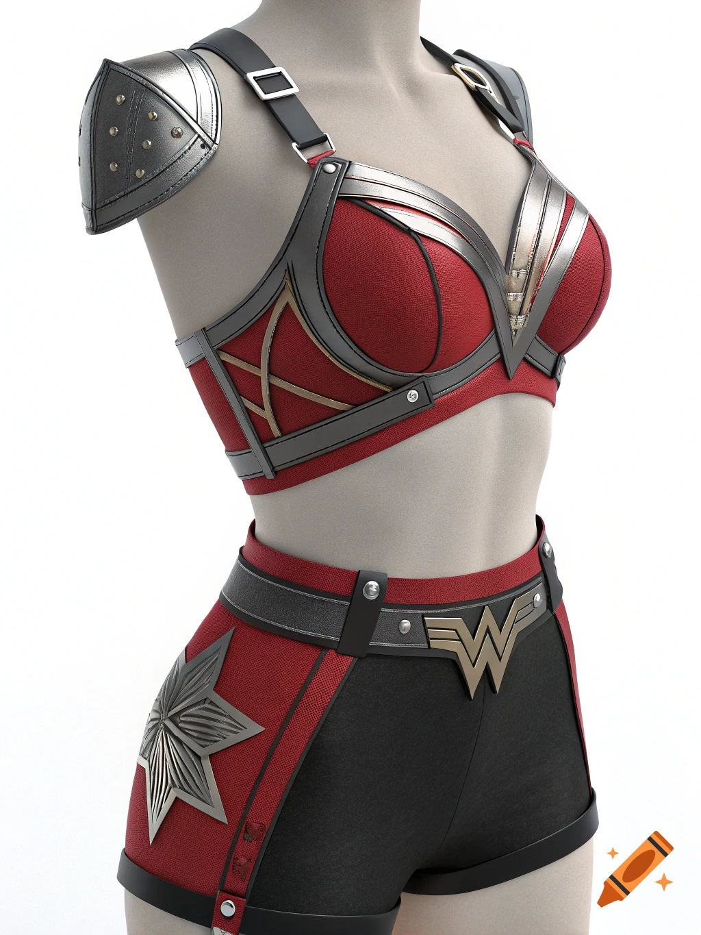 A red and black female hero costume with a bra top, shorts, metal shoulder armor, and a 'W' logo belt.