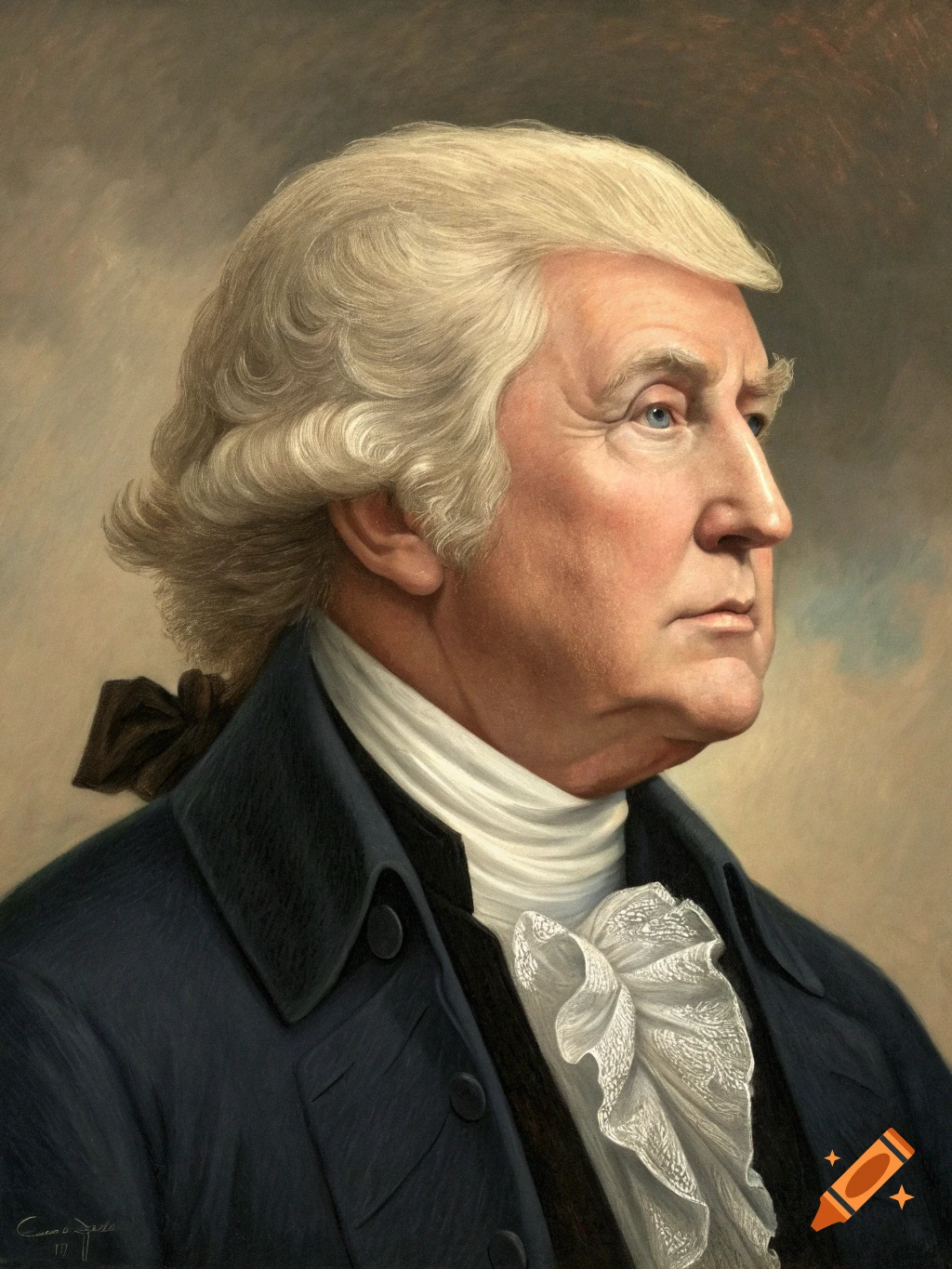 Classical portrait of a man with powdered hair, a blue coat, and ruffled cravat, looking right.