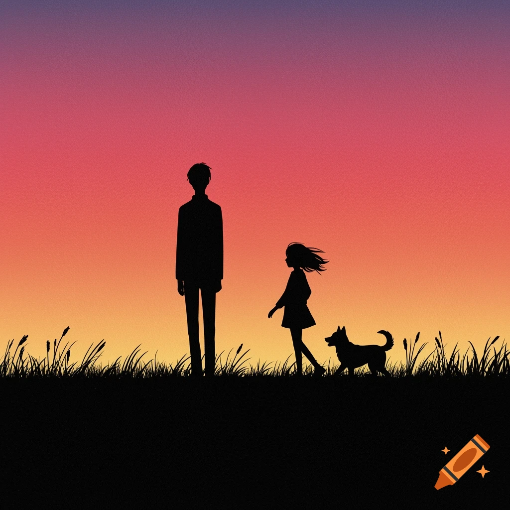 Silhouettes of a man, a young girl, and a dog walking through tall grass against a vibrant sunset sky.