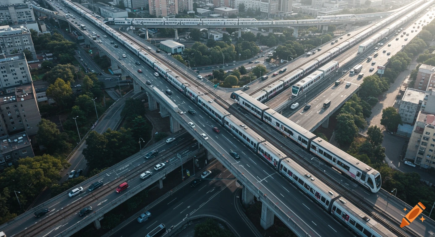 Aerial view of a complex urban interchange with multiple elevated train tracks and busy highways carrying cars under bright sunlight.