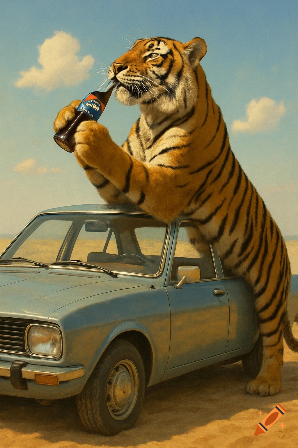 A realistic tiger stands on a light blue car in a desert, drinking from a dark bottle.