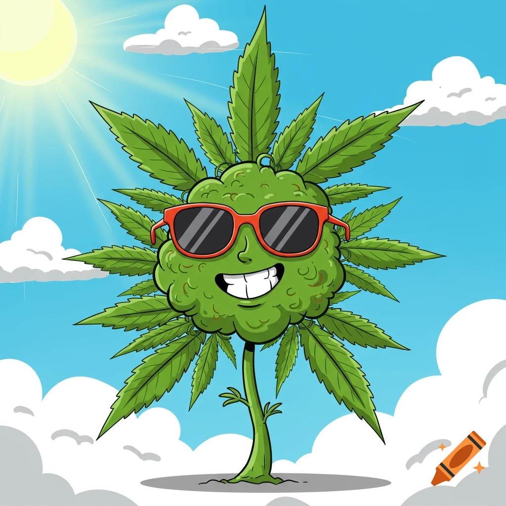 A cartoon cannabis plant with a happy face and red sunglasses stands in a sunny, cloudy sky.