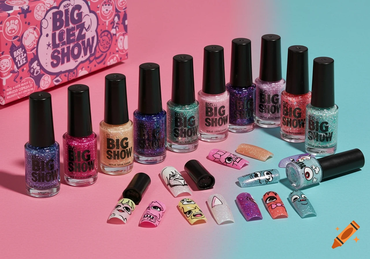 Glitter nail polishes and character-decorated false nails on a pink and blue surface, with a 'Big Lez Show' box.