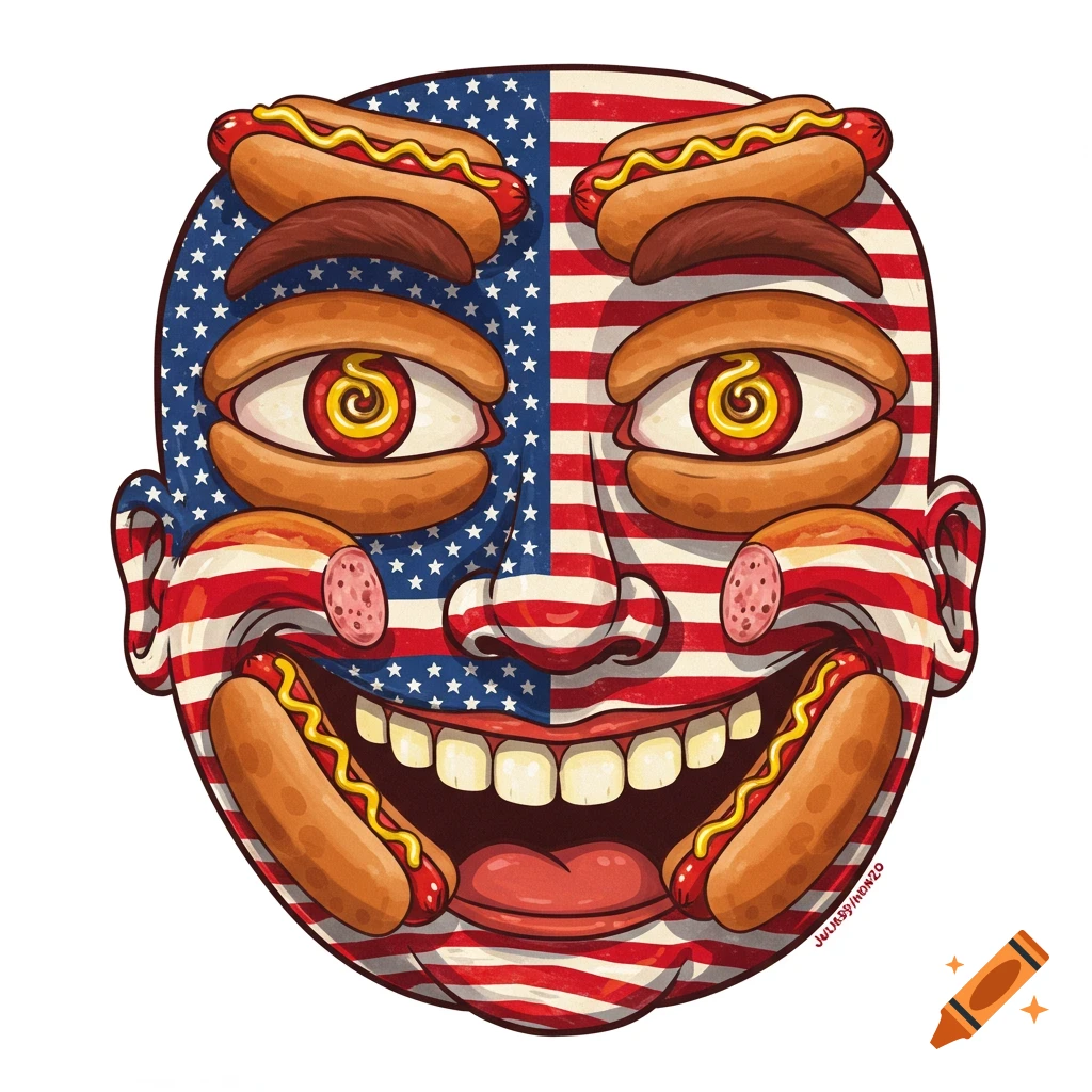 Cartoon illustration of a face made from American flags and hotdogs, with hotdogs for eyes and mouth.