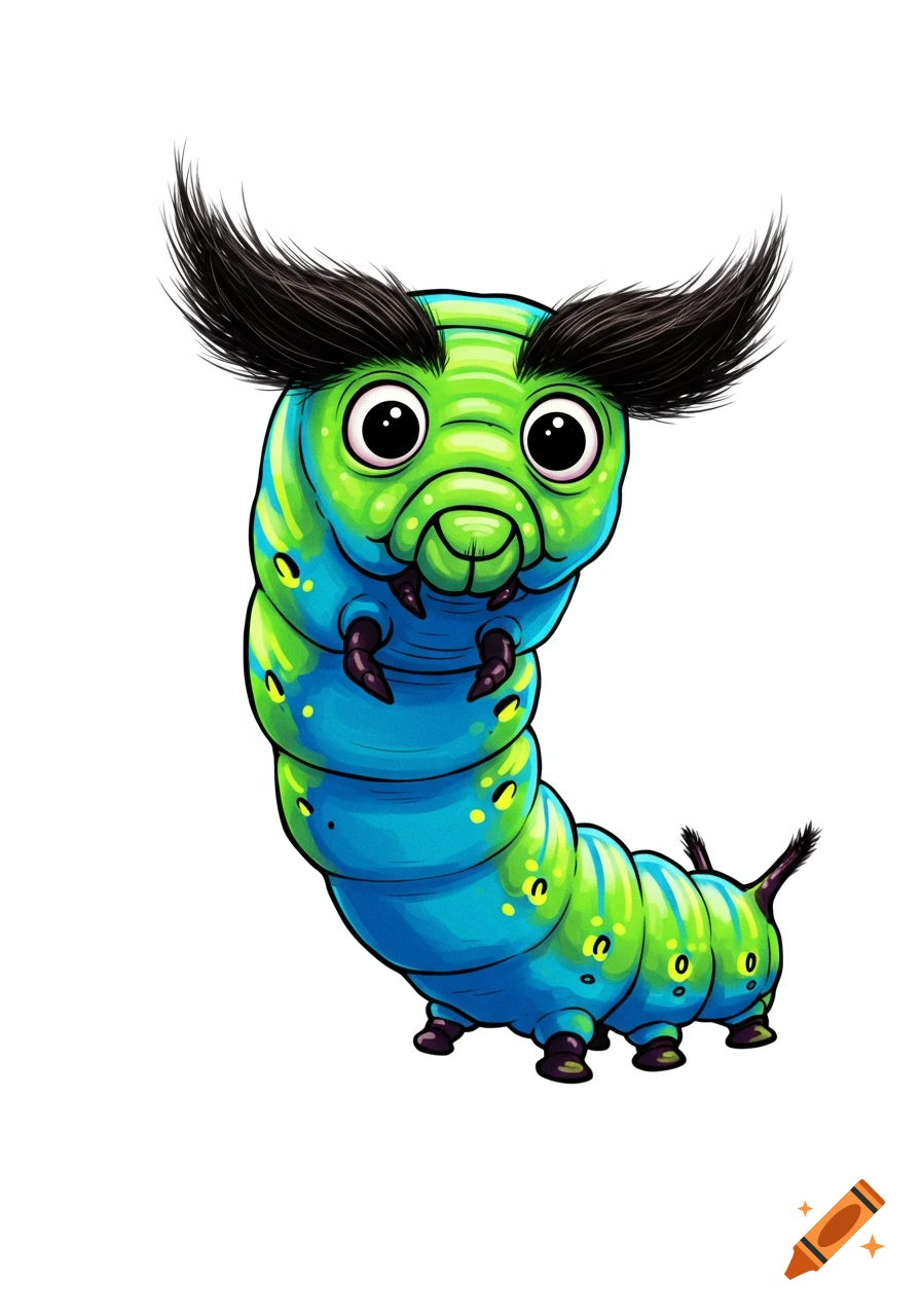 A vibrant green and blue cartoon caterpillar with large, bushy black eyebrows and big eyes, on a white background.