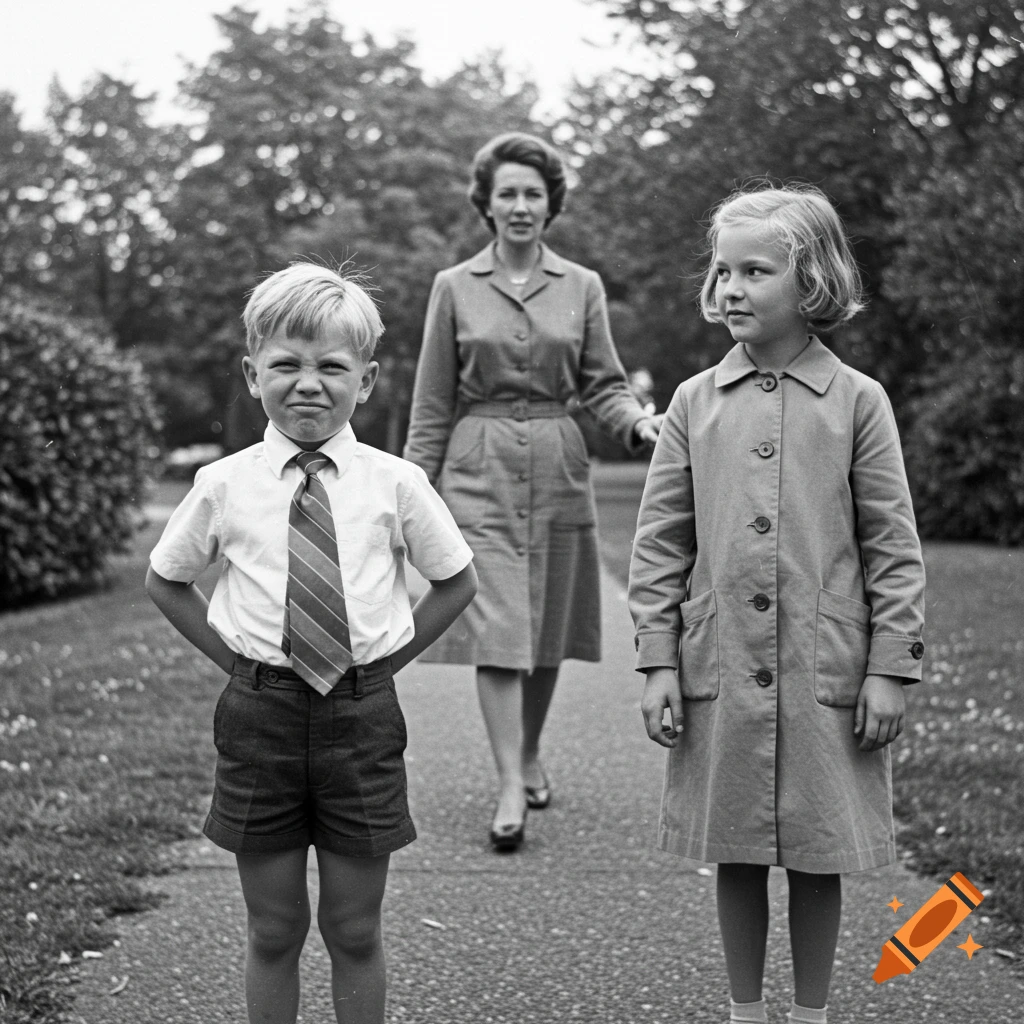 Black and white 1960s photo of a boy squinting at the camera, a girl next to him, and a woman walking behind them on a path.