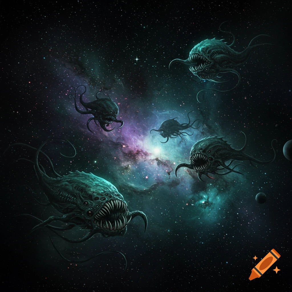 Several monstrous, multi-eyed creatures with sharp teeth swim through a vibrant galaxy nebula.